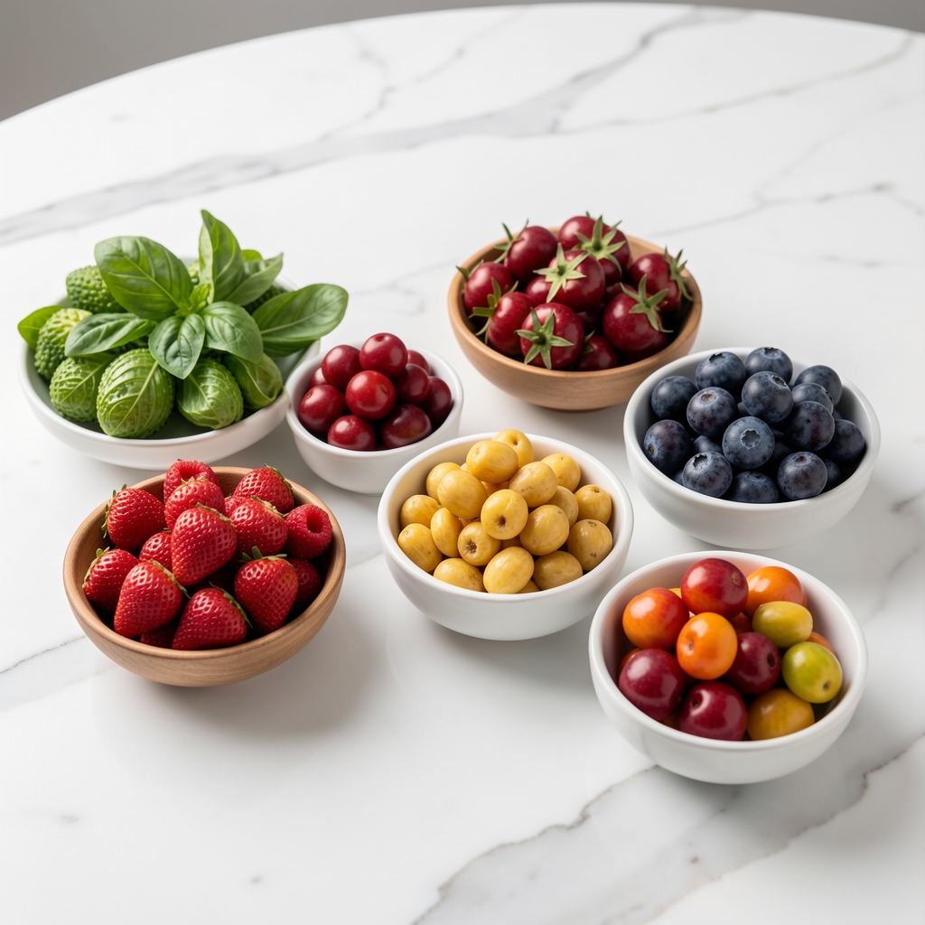 Verschiedene frische Gemüsesorten und Hülsenfrüchte in kleinen Schüsseln auf einem weißen Marmortisch – sauberes Studio-Licht