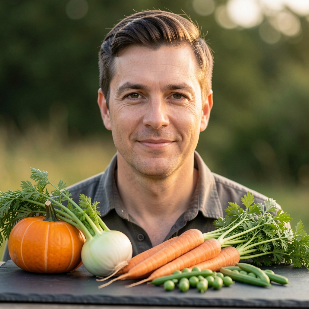 Saisonales Herbst- und Frühlingsgemüse – Kürbis, Kohlrabi, Karotten, Erbsen – nebeneinandergelegt auf einem dunklen Schieferbrett