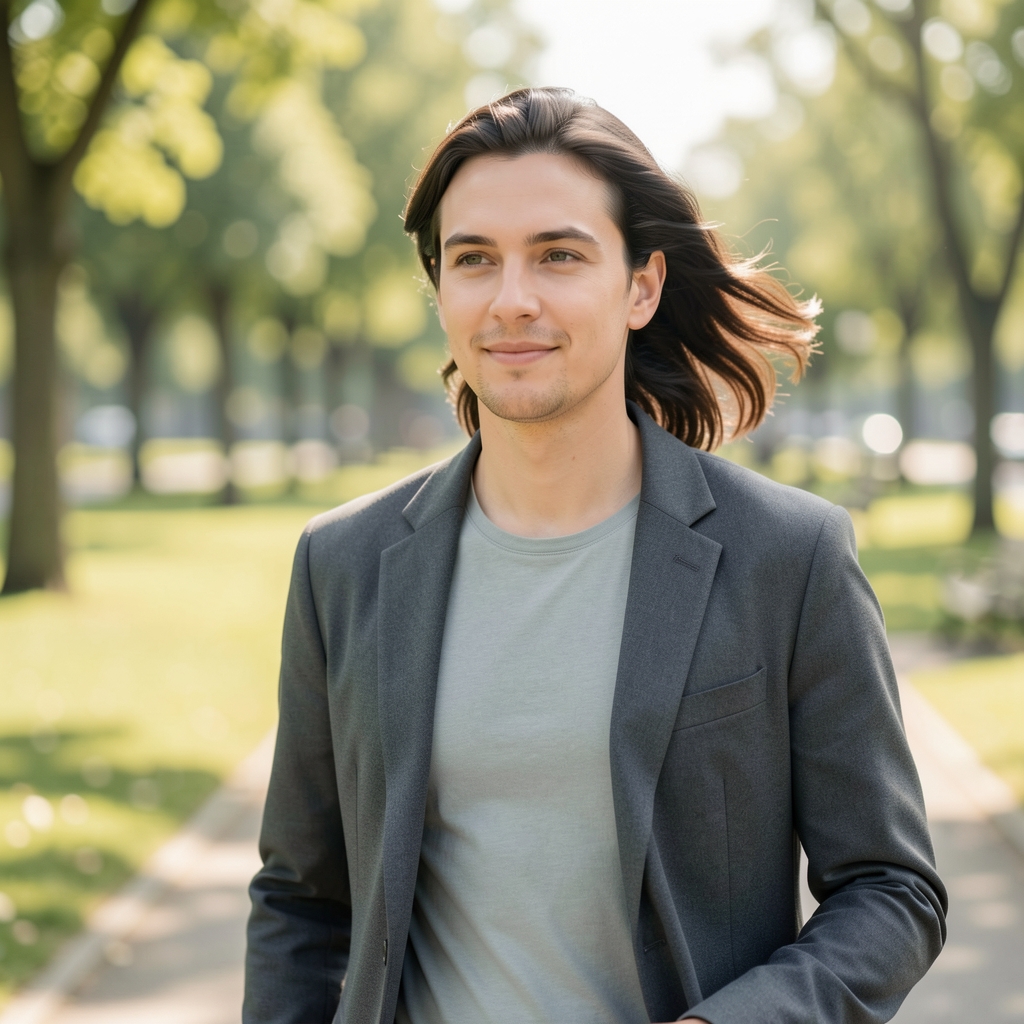 Person beim ruhigen Morgenspaziergang in einem hellen Stadtpark, Bewegung von hinten, keine Gesichter, natürliches Licht
