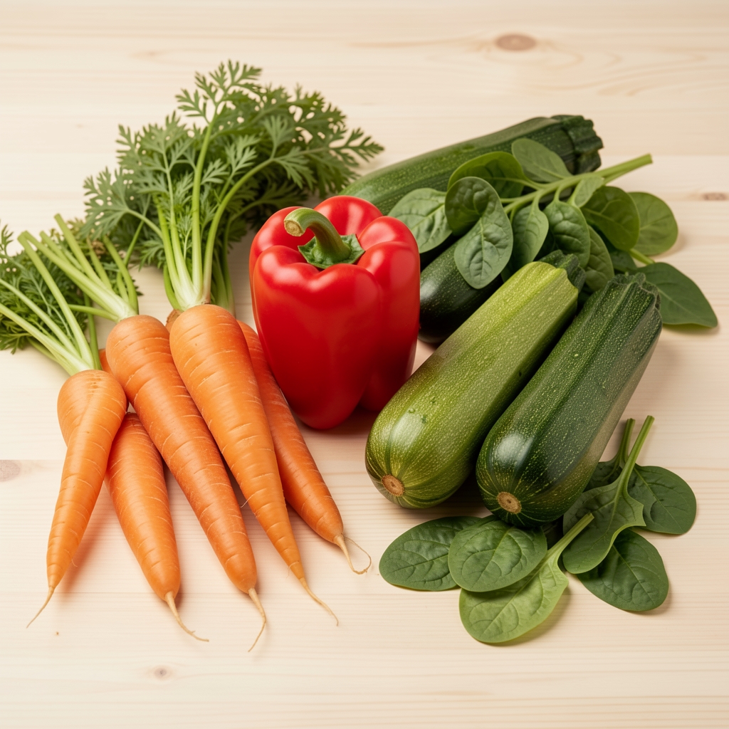Frische, farbenfrohe Gemüsesorten – Karotten, Paprika, Zucchini und Spinat – auf einem hellen Holztisch, klar beleuchtet im Studio-Stil